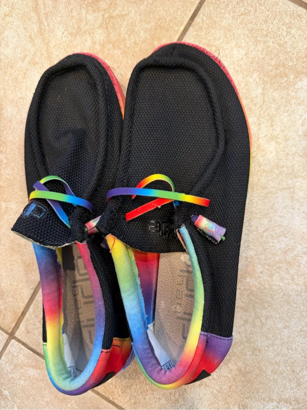 Hey Dude Black Slip-On Loafers with Rainbow Sole and Accents Sz 12